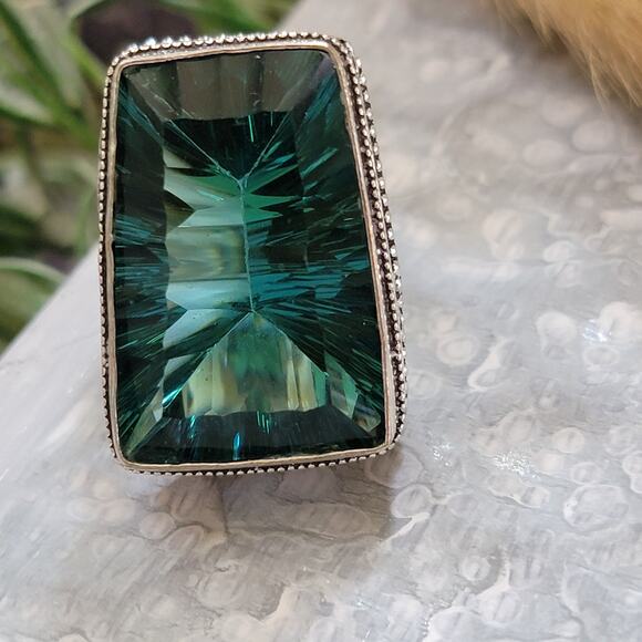 Green Stone Statement Ring, Sterling Silver Ring, 1.24 Inch Stone, Size 8.5 - Picture 4 of 12